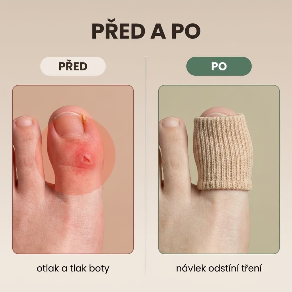 Gelový návlek na prsty před a po – otlak z boty a ochrana návlekem